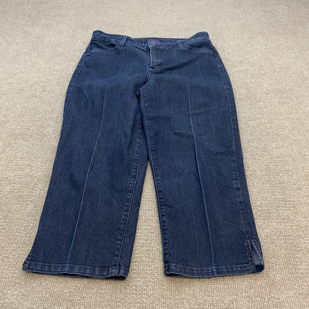 NYDJ Capri Jeans Womens 10 Blue Dark Wash High Rise Rhinestone Hem Slimming